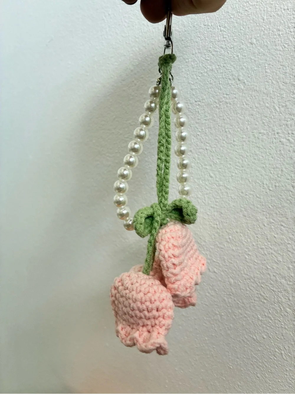 Pink Crochet Cherry Keychain Wristlet with Pearl Beads